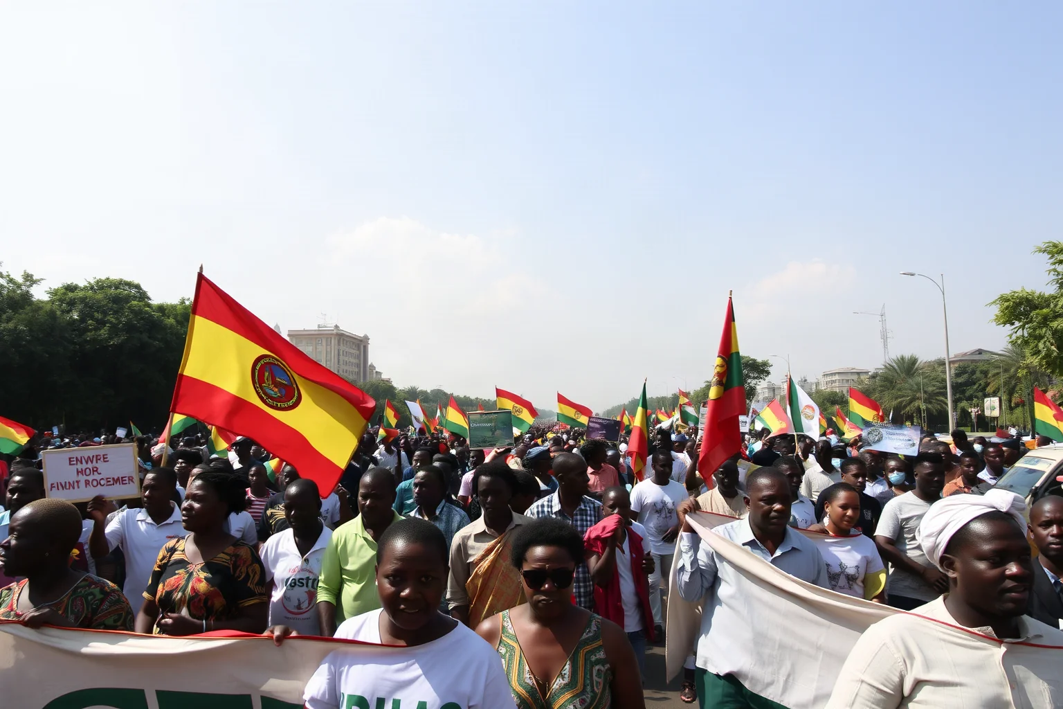 A large peaceful crowd marching with banners under a bright open sky in an African capital