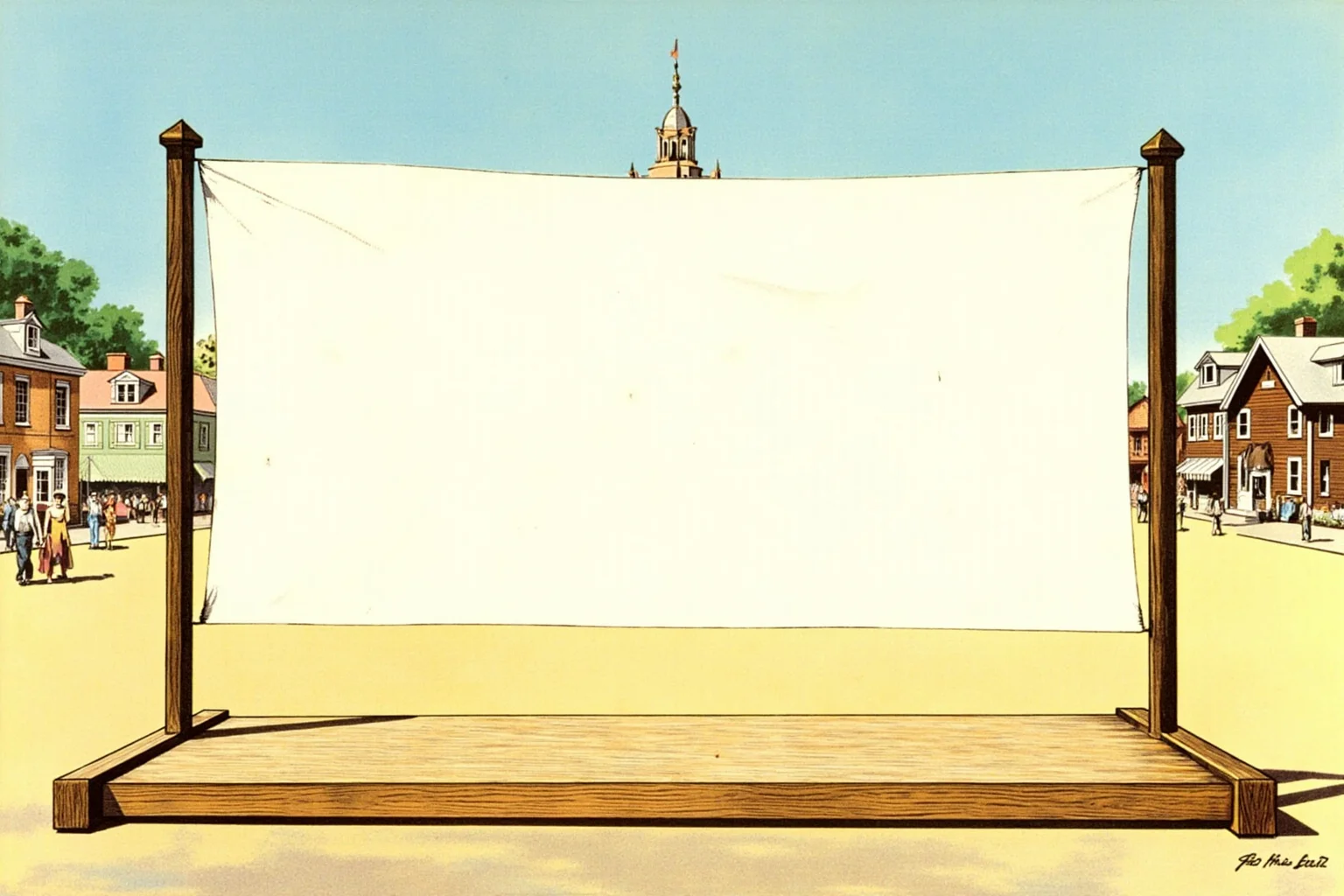 Brutal Forms of Public Humiliation Throughout History 21 A large plain banner and empty wooden platform in an open public square, mid-20th-century style illustration