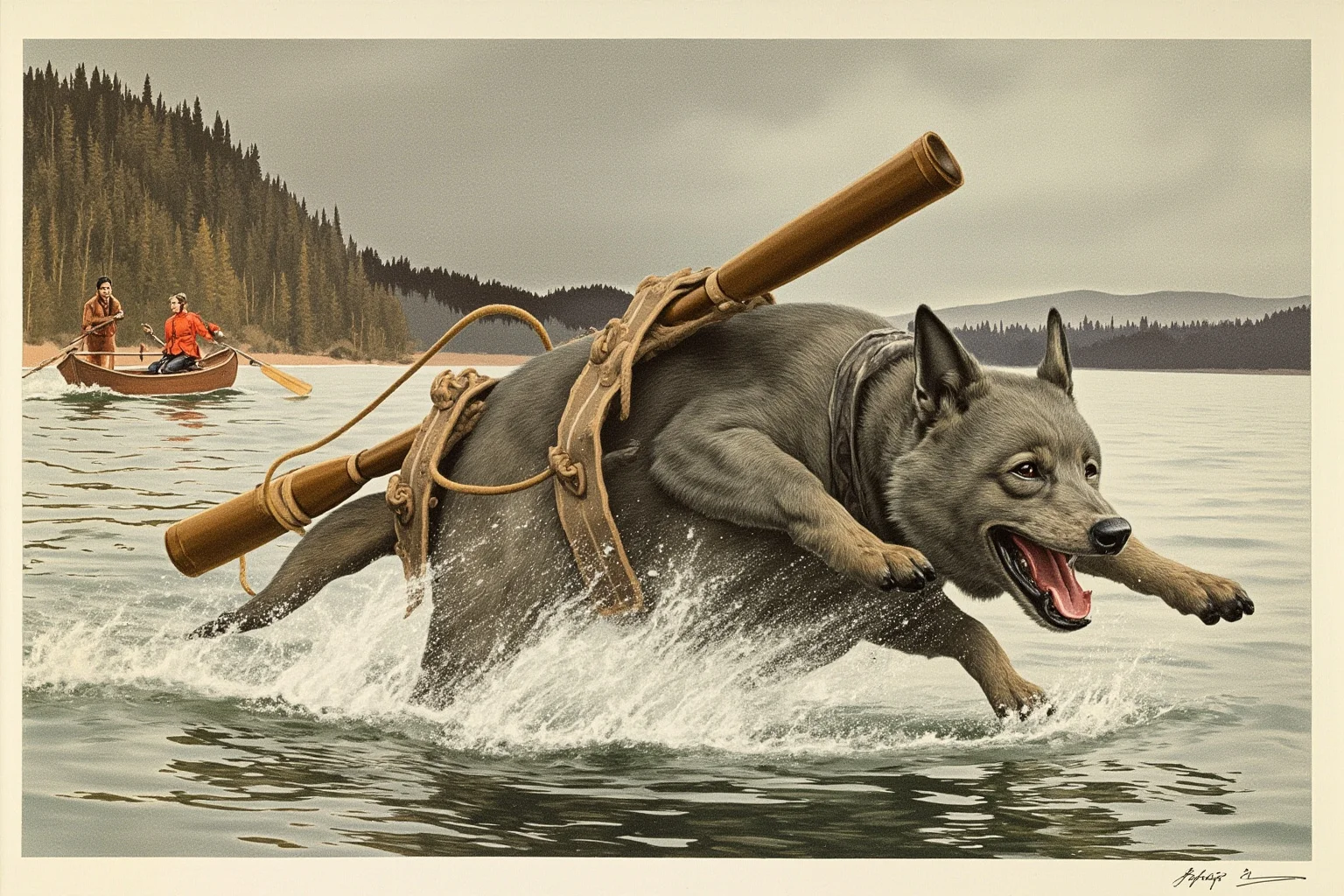 Pooches of the Past: 23 Extinct Dog Breeds and Their Stories 20 A large, powerful water-rescue dog swimming toward a rowboat on a grey lake, mid-20th-century Soviet poster style