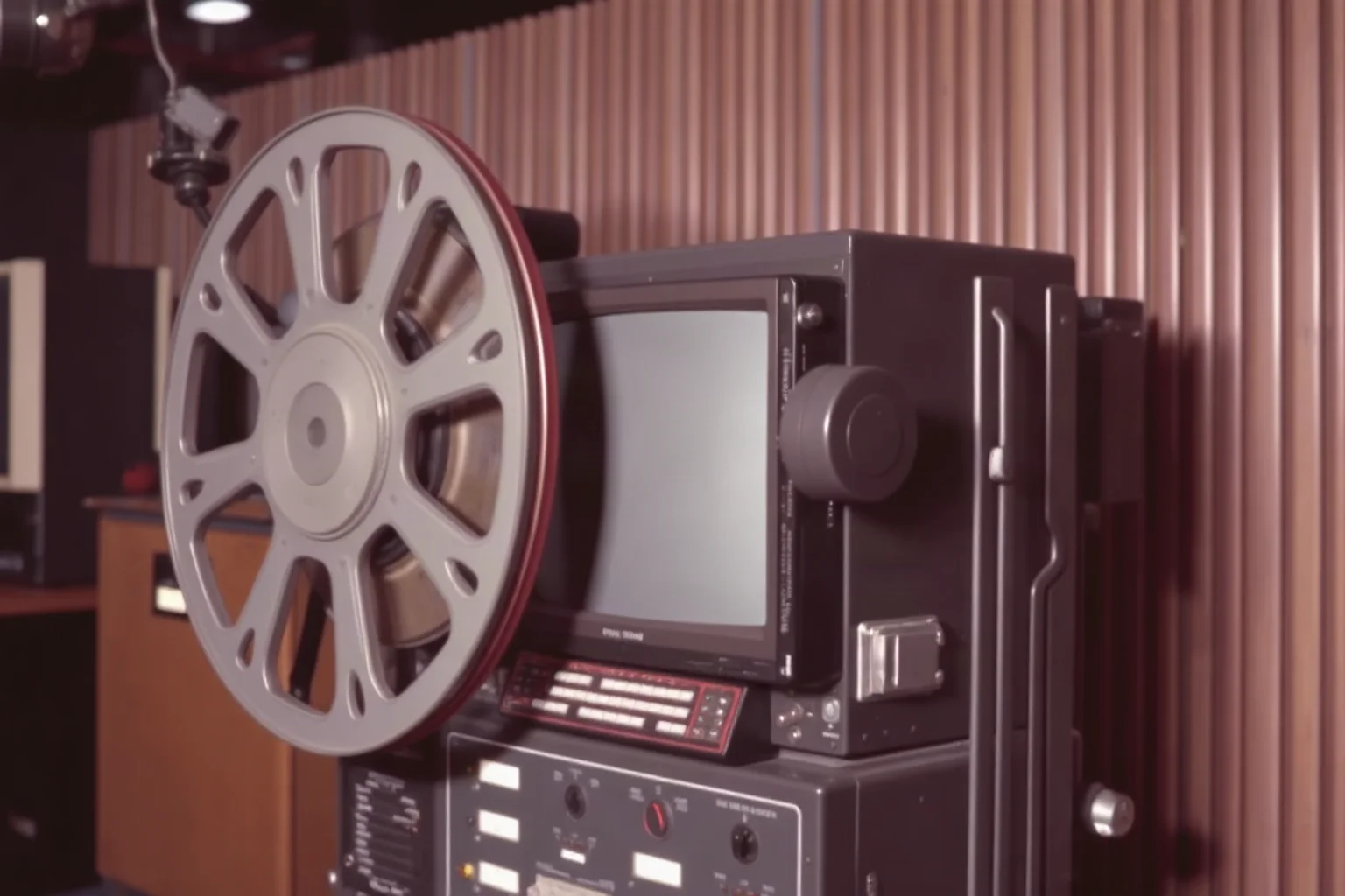 A large reel-to-reel videotape recorder machine in a 1950s television studio
