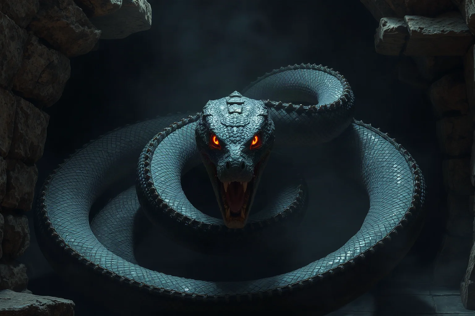 A large serpent king with glowing eyes coiled in a dark medieval stone chamber