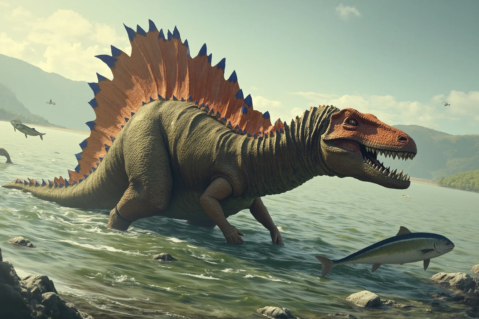 A large Spinosaurus dinosaur with a sail-like back wading through a shallow prehistoric river hunting fish, realistic paleoart style