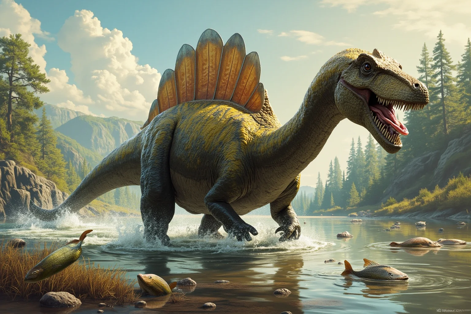 A large Spinosaurus dinosaur with a sail-like back wading through a shallow prehistoric river hunting fish, realistic paleoart style