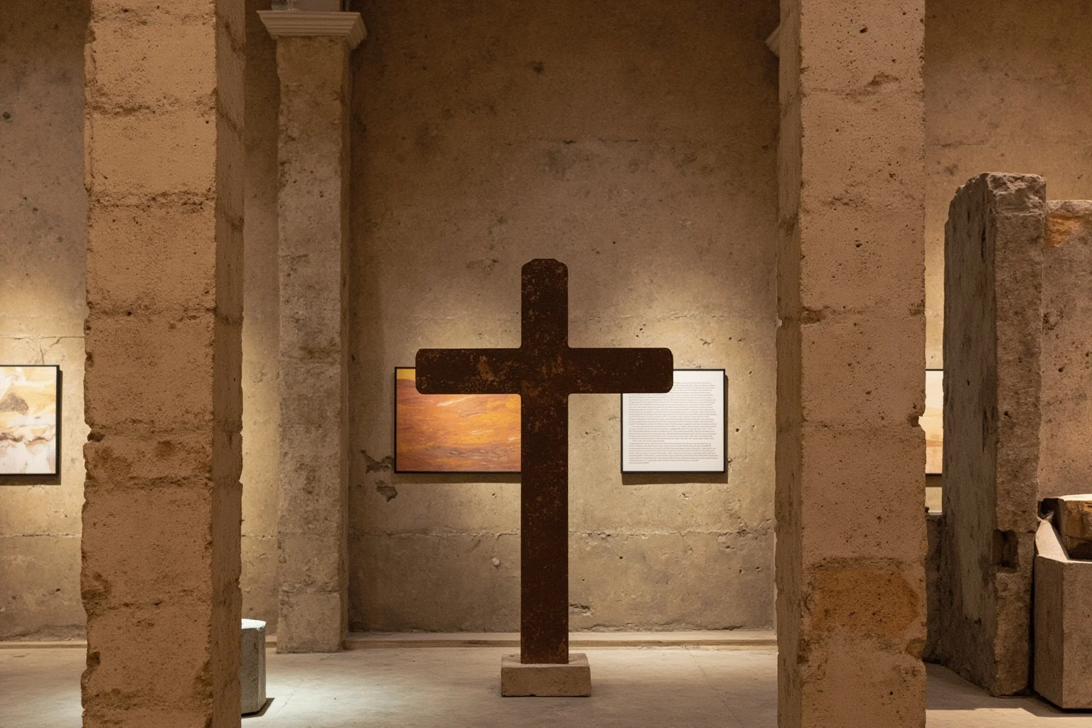 A large steel beam in the shape of a cross standing upright among rubble-toned museum display material