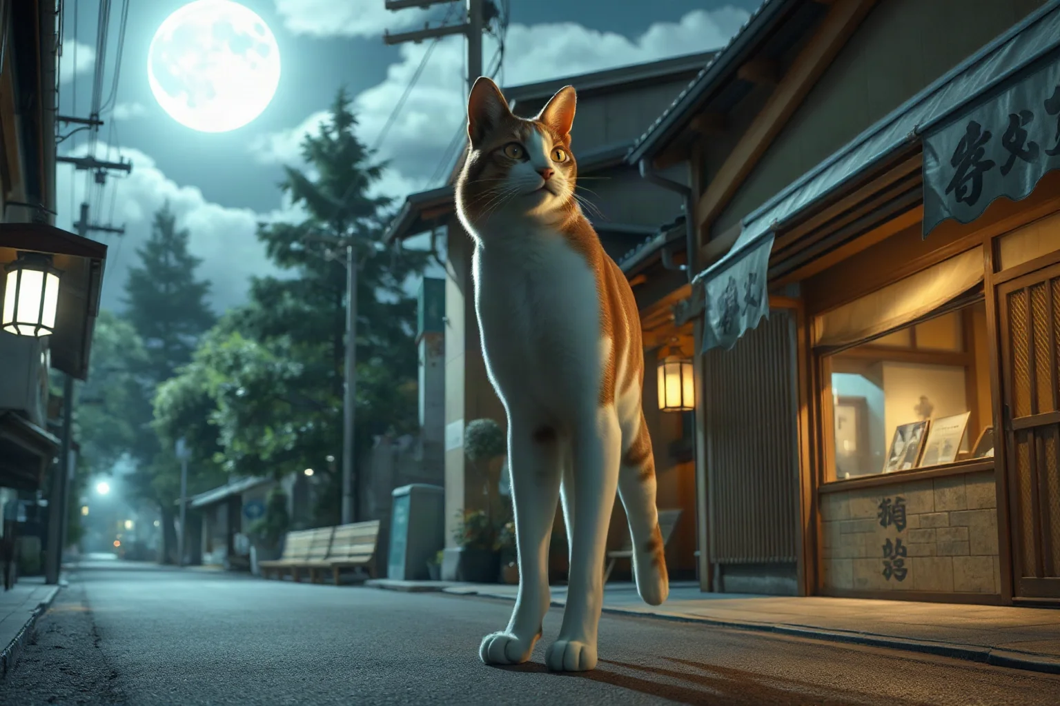 A large supernatural cat standing upright on two legs in a moonlit Japanese village street