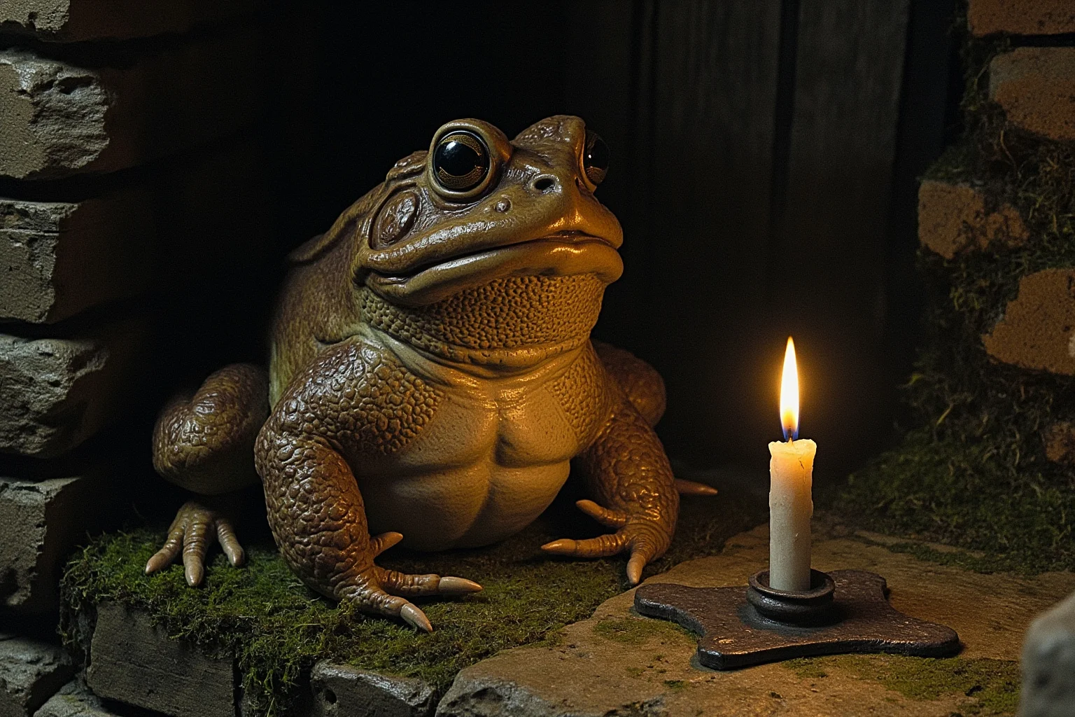 Familiars: The Long, Strange History of the Witch's Animal Companion 7 A large toad sitting on a mossy stone near a candle in a dim cottage corner, historical illustration