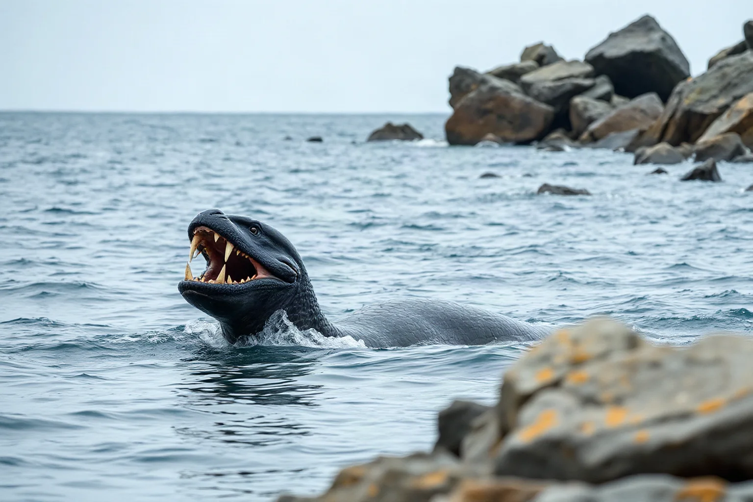 A large tusked serpent-like sea creature surfacing near a rocky Arctic coastline