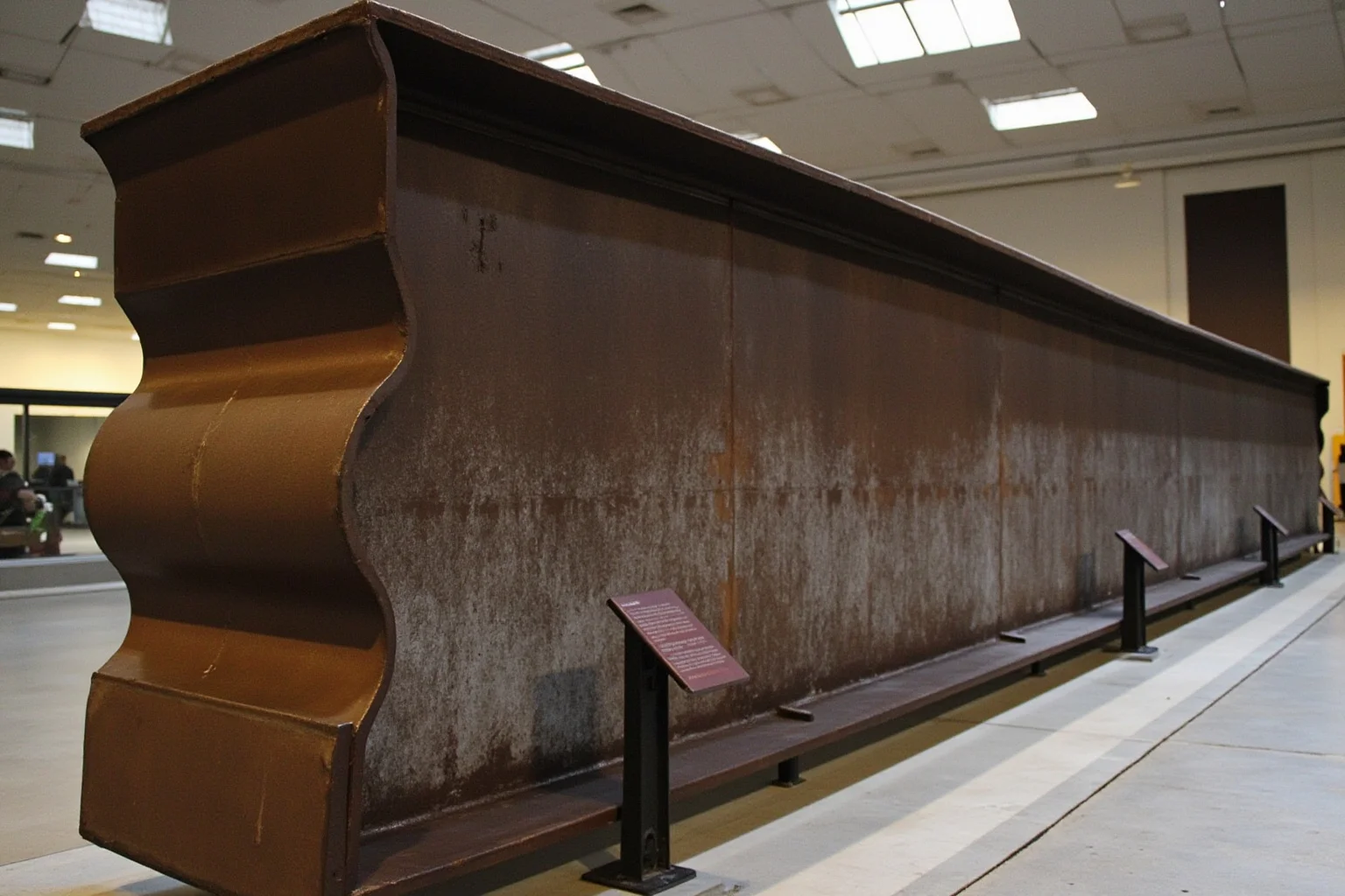 A large twisted steel I-beam with visible deformation, displayed with a museum placard nearby