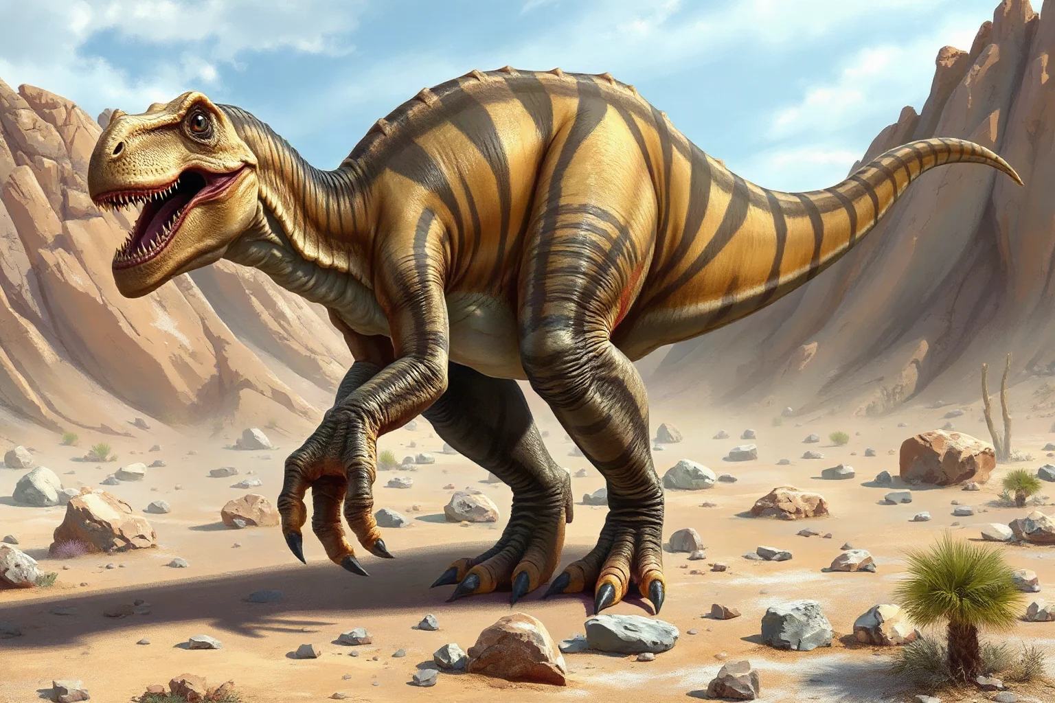 A large Utahraptor showing its oversized foot claw in a rocky desert setting, realistic paleoart style