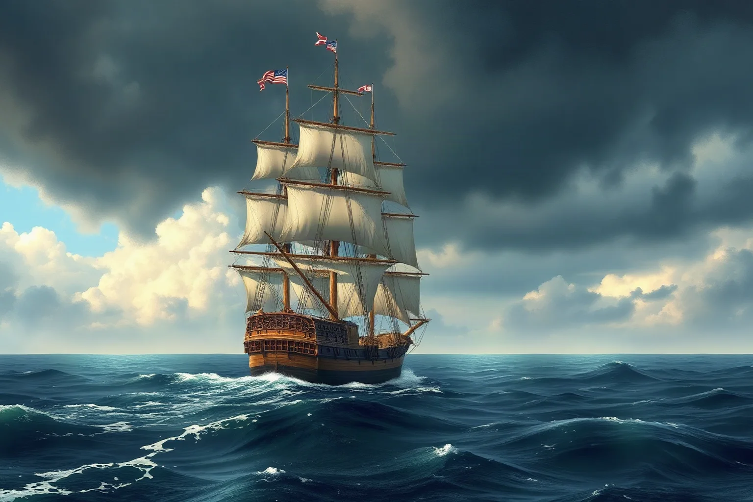 A large wooden sailing ship crossing the Atlantic Ocean under stormy skies, historical maritime illustration