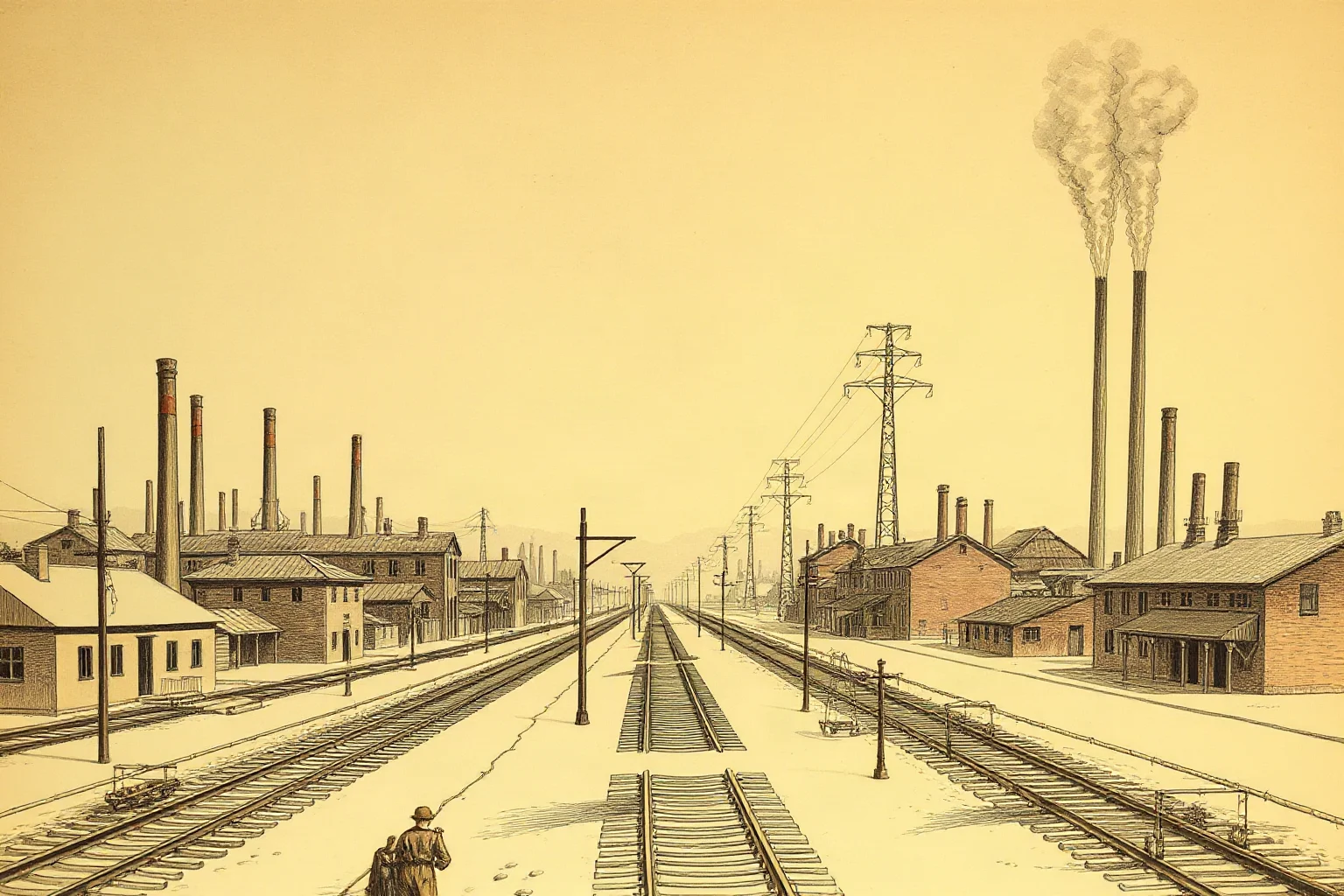 A late 1800s factory town skyline with smoking chimneys and railway tracks, sepia-toned industrial illustration, no readable text.