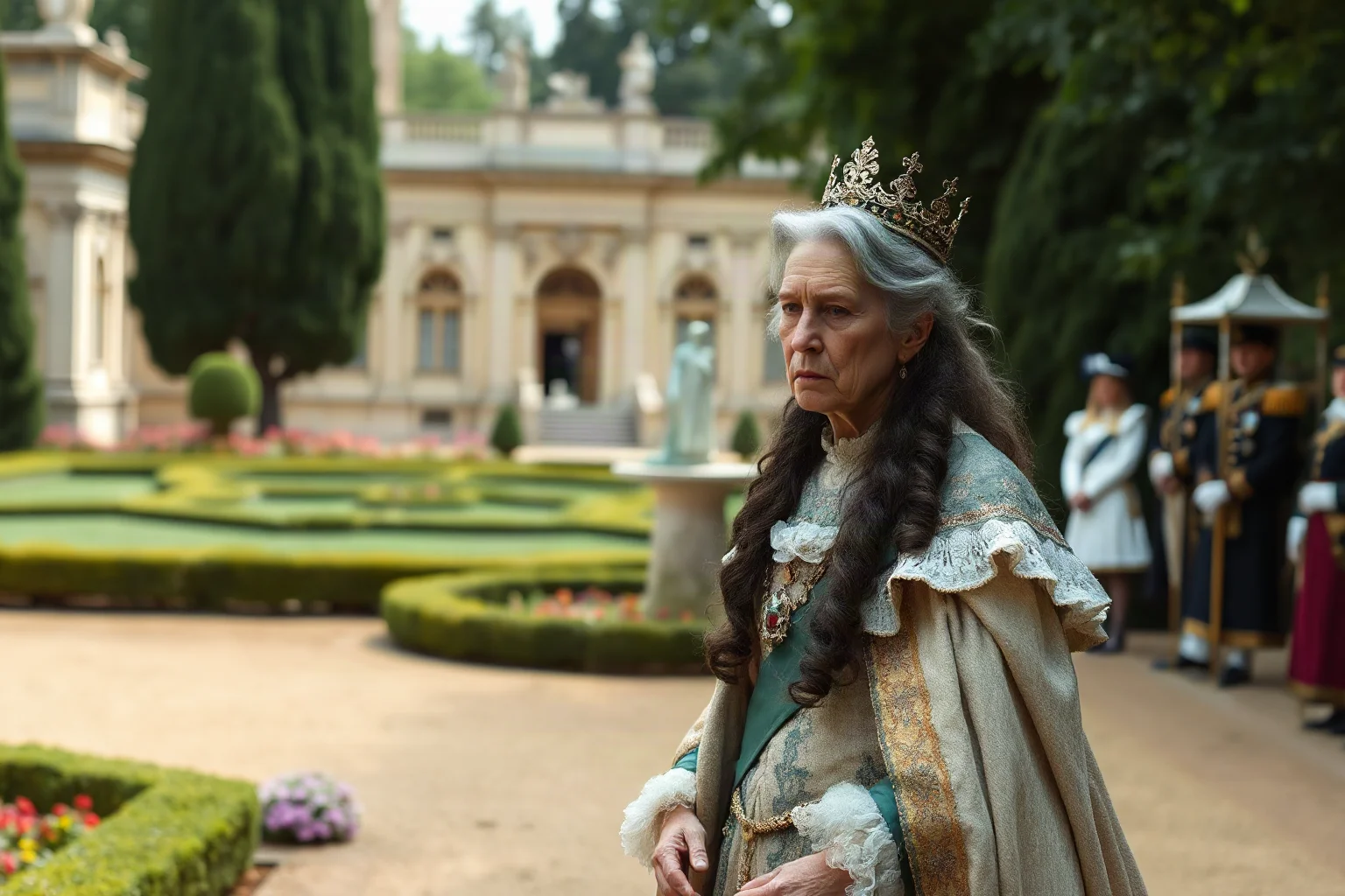 A late-18th-century monarch in royal garb standing in a palace garden, looking distant and unwell, courtiers watching from afar