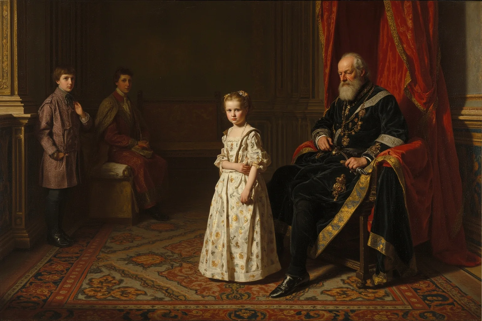 A late 19th-century Dutch royal palace interior with a young girl in formal royal dress standing beside a regent, oil painting style