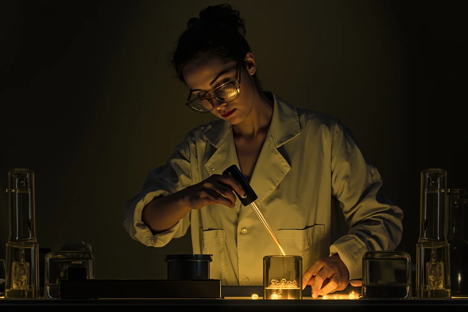 A late 19th-century woman scientist in a laboratory coat working with glowing glassware in a dim laboratory, illustrative style
