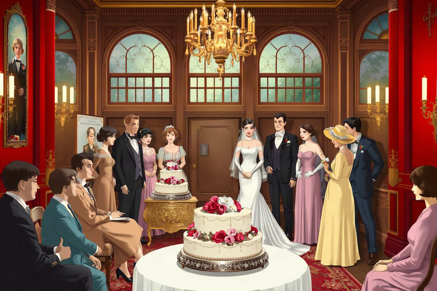 A lavish early 1900s indoor wedding scene with an ornate cake and formal guests, illustrative, no real named figures