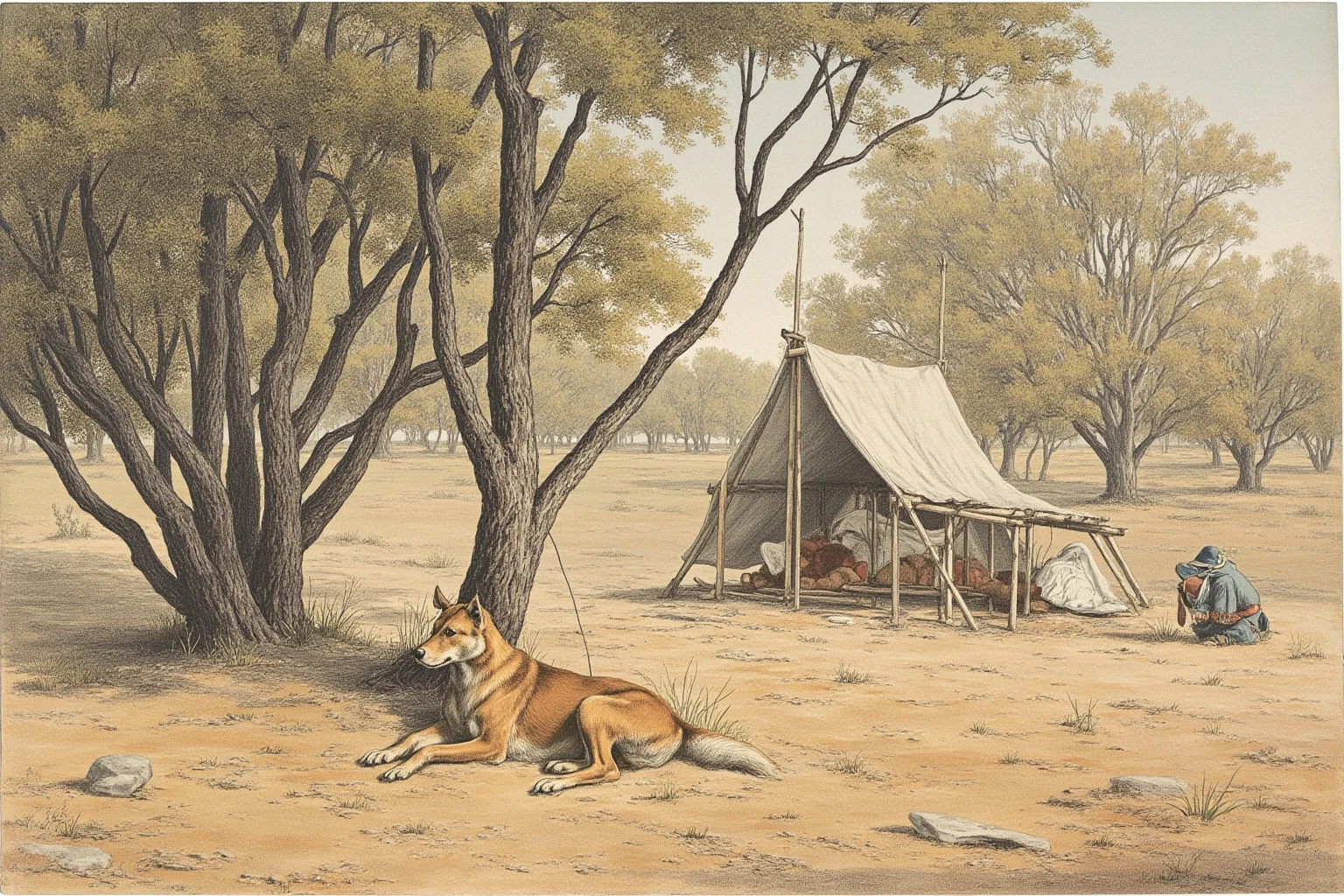 Pooches of the Past: 23 Extinct Dog Breeds and Their Stories 4 A lean, sandy-colored dingo-like dog resting near a simple bush camp under eucalyptus trees, muted historical illustration style