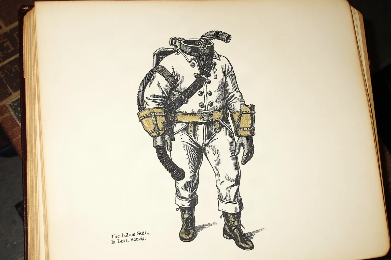 A leather diving suit with a breathing tube illustrated in an old technical sketchbook