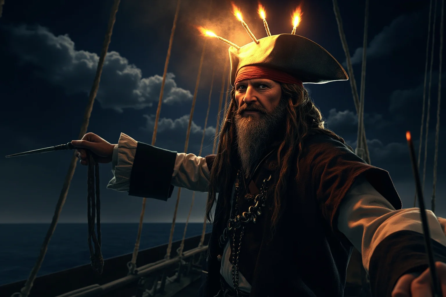 A legendary bearded pirate captain with lit fuses in his hair standing on a ship deck at night, dramatic illustration