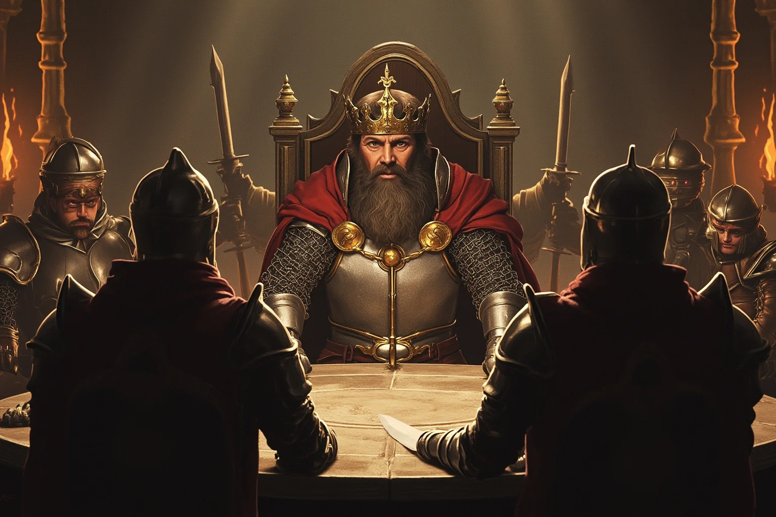 A legendary medieval king in armor at a round stone table with knights, illustrated fantasy-history style