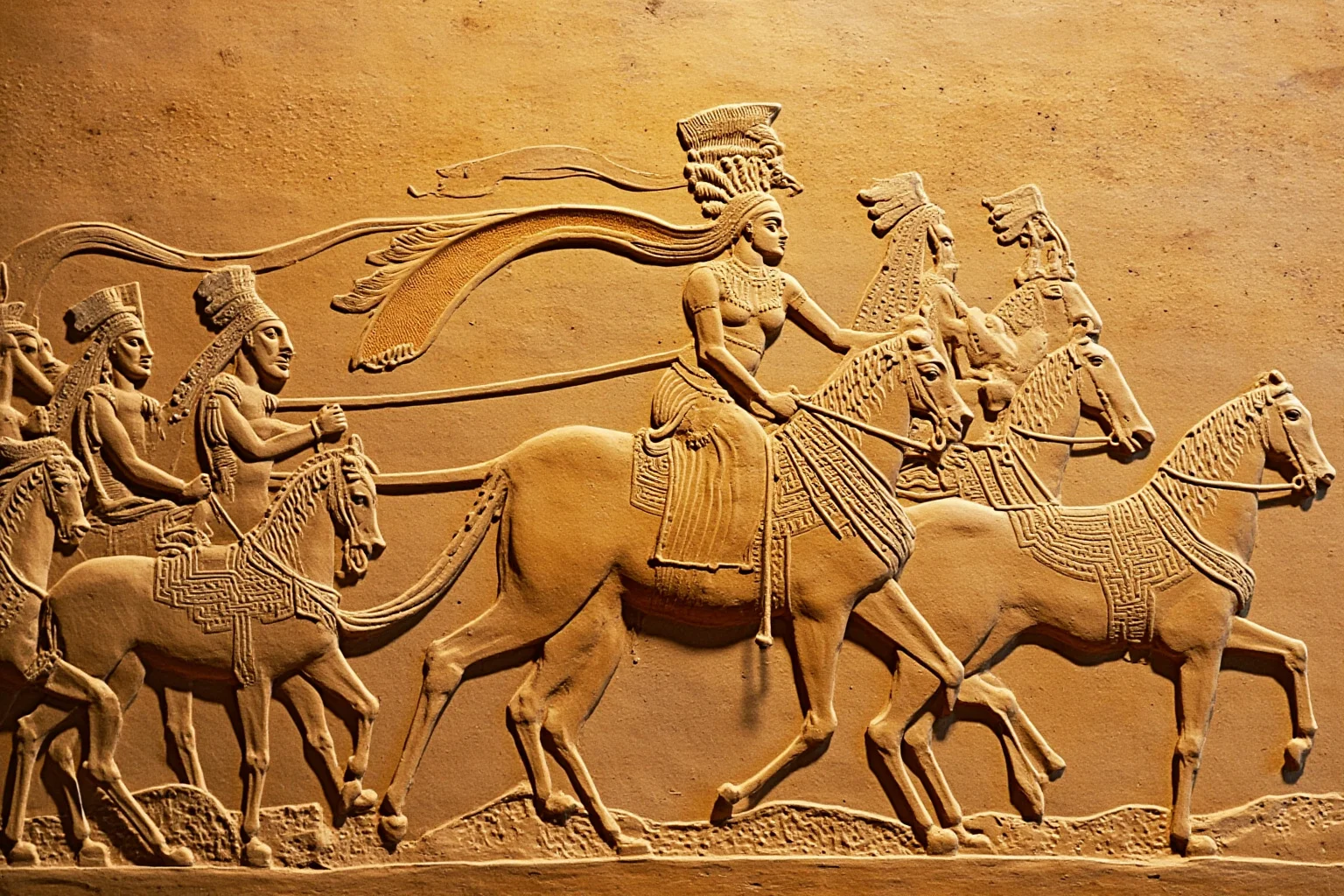 Wars Started By Women: The Rebel Queens Who Changed History 4 A legendary Mesopotamian warrior queen on a chariot leading an army across a desert landscape, ancient Assyrian relief art style