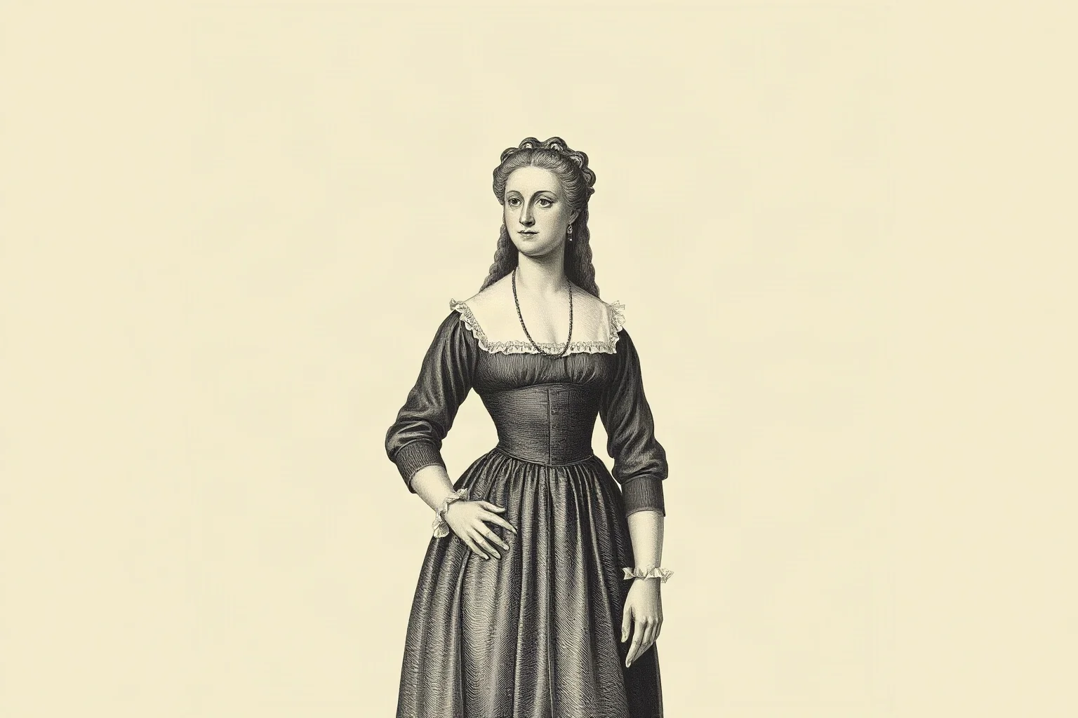 A legendary tall woman from early 1600s Netherlands in period dress, historical engraving style