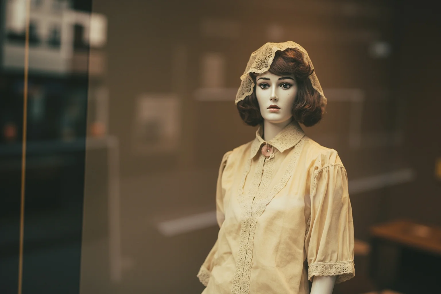 A lifelike vintage mannequin dressed in a yellowed antique wedding gown in a shop window