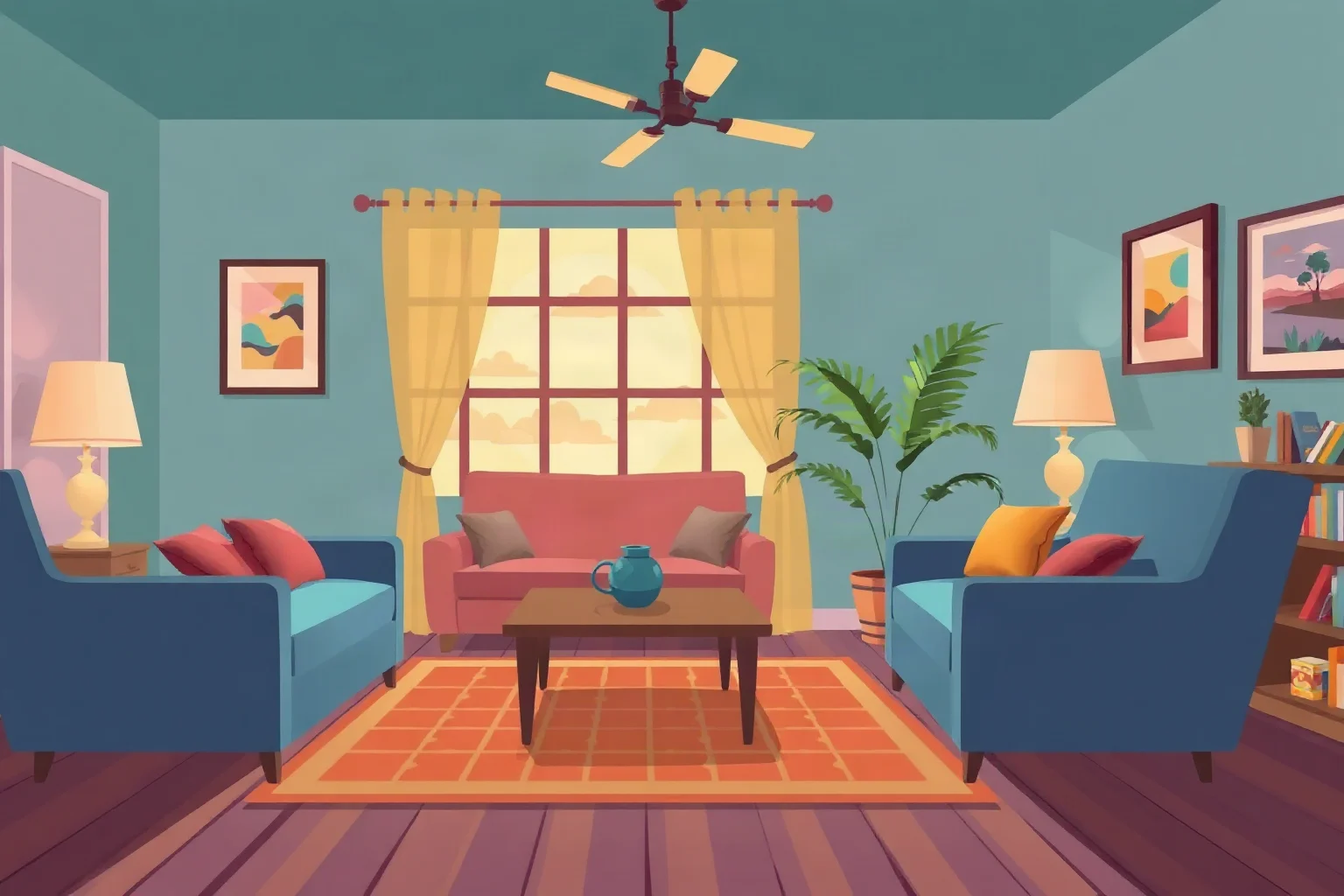 A lighthearted illustration of a stylish 1950s living room set for a romantic comedy film scene