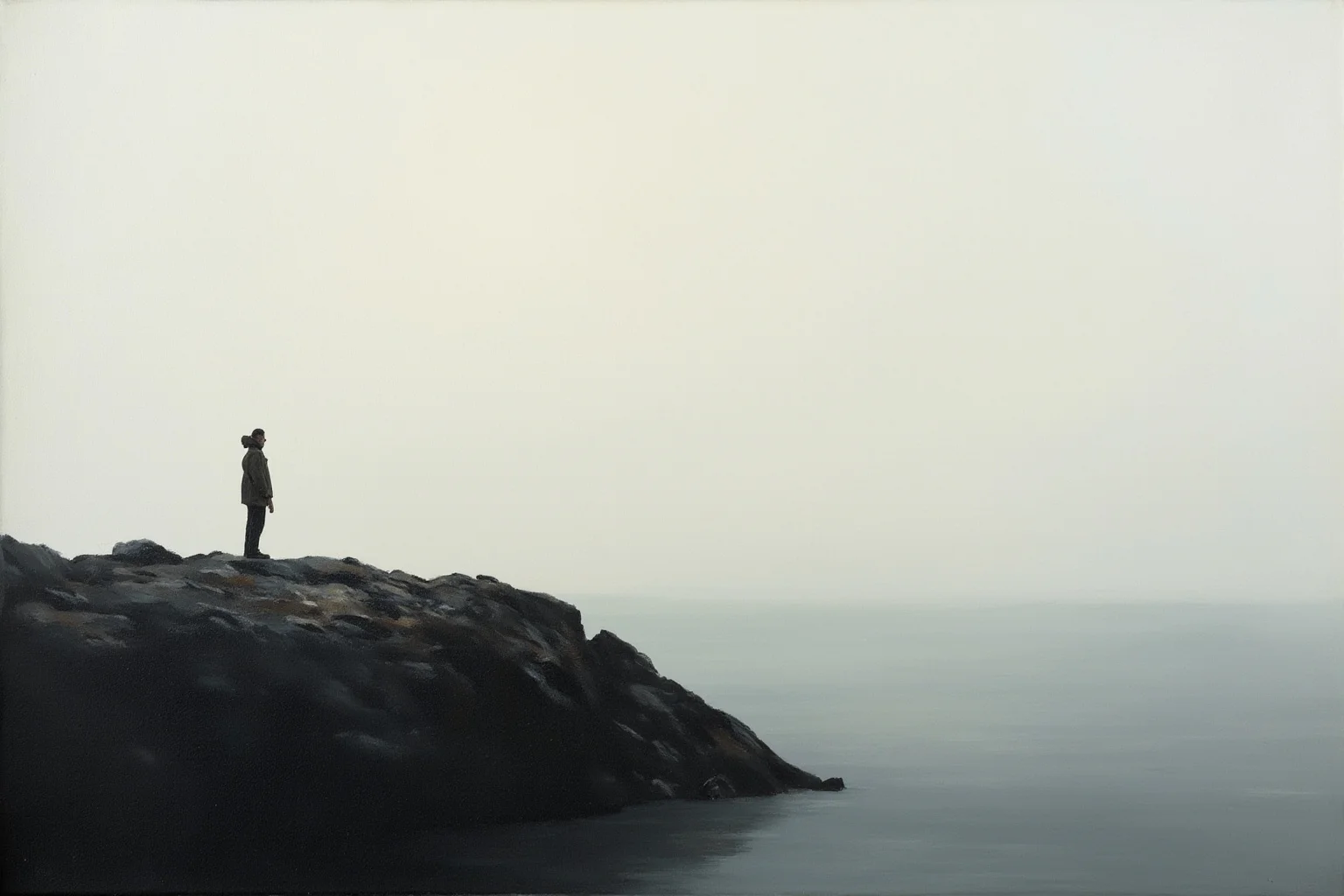 Strange History: Why Lighthouse Keepers Went Mad (Or Did They?) 8 A lighthouse keeper standing alone on a barren rocky islet, staring at an endless grey horizon, minimalist painting