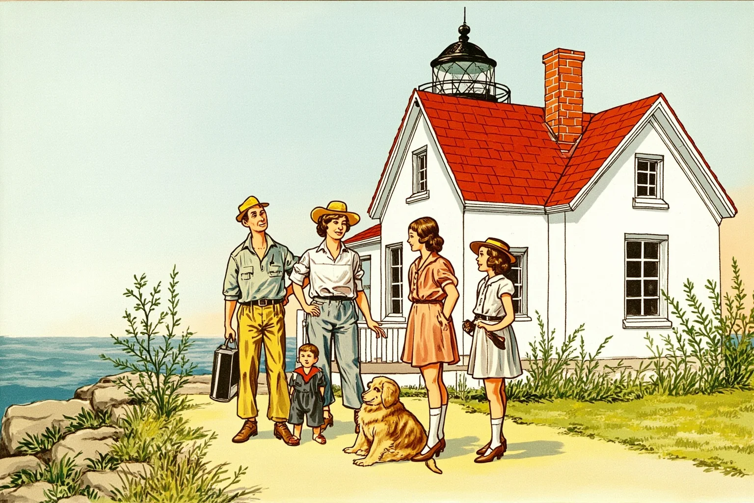 Strange History: Why Lighthouse Keepers Went Mad (Or Did They?) 17 A lighthouse keeper's family, including children, standing outside a coastal lighthouse cottage, vintage illustration style