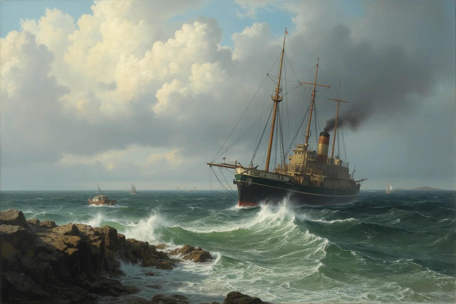 A lighthouse supply ship anchored offshore during choppy weather, small rowboat approaching the rocks