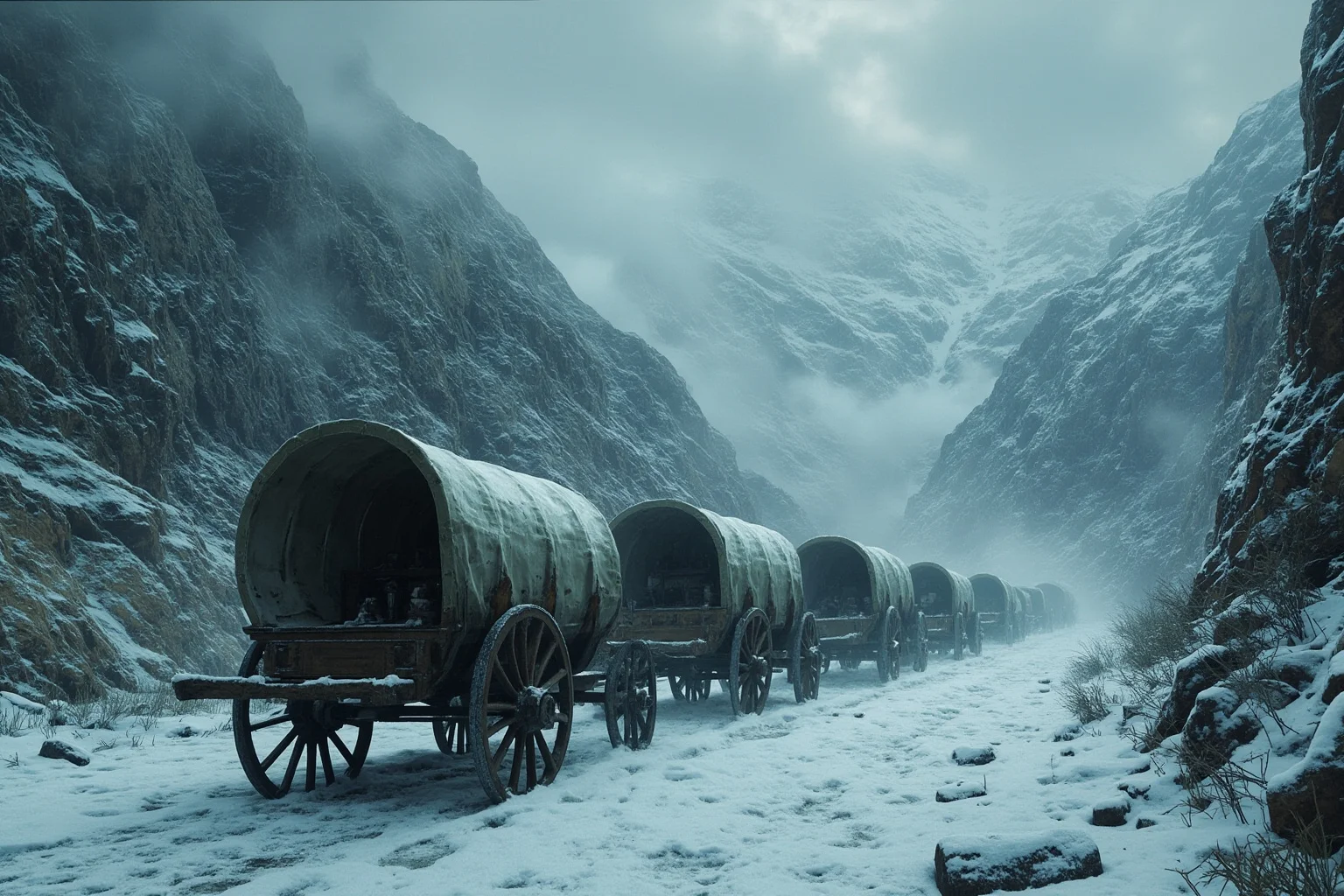 A line of covered wagons stranded in a heavy snowstorm within a steep mountain pass