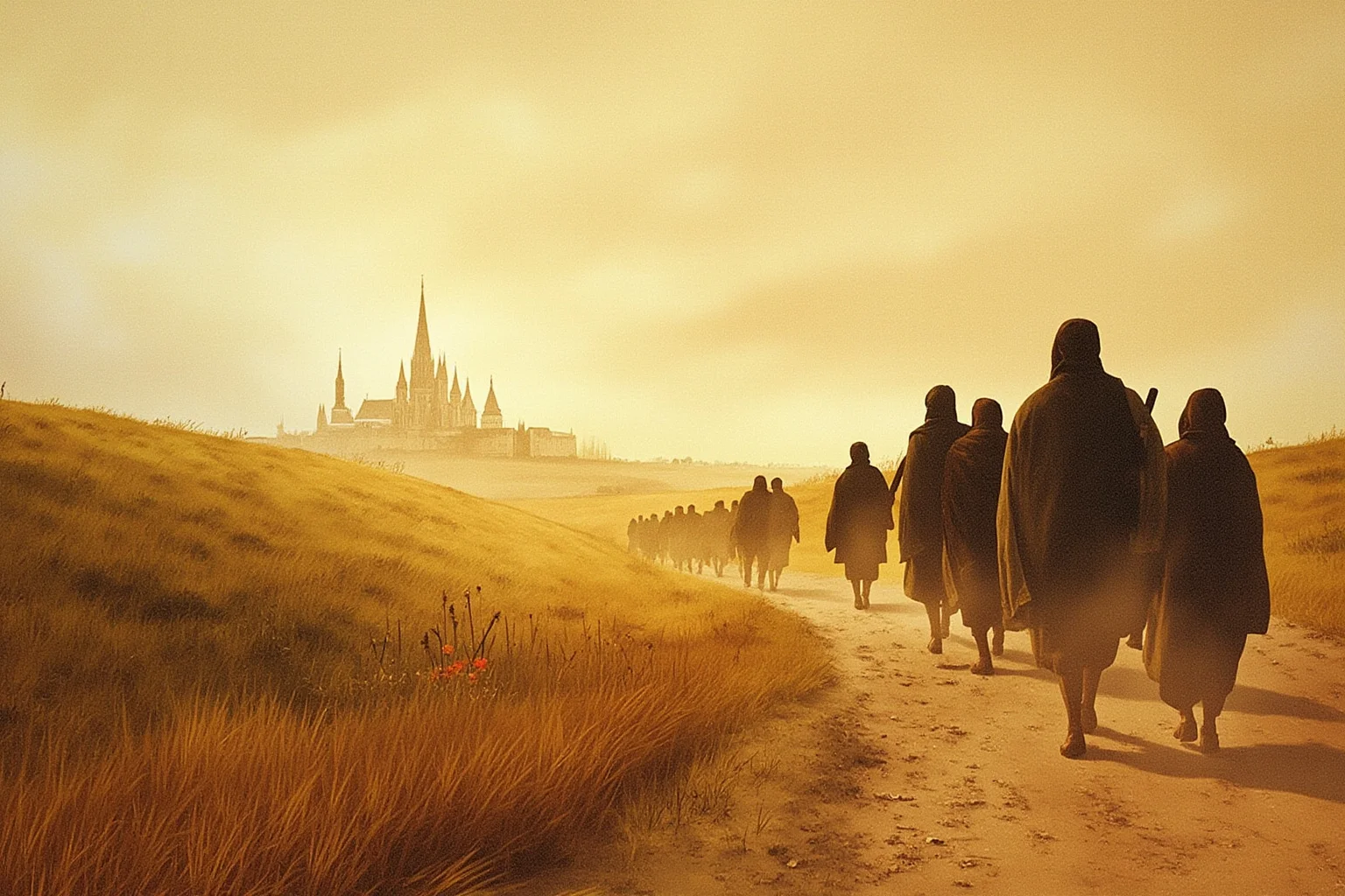 Longest Journeys Ever Undertaken On Foot 16 A line of pilgrims walking a dusty rural path toward a distant cathedral spire, warm historical illustration style