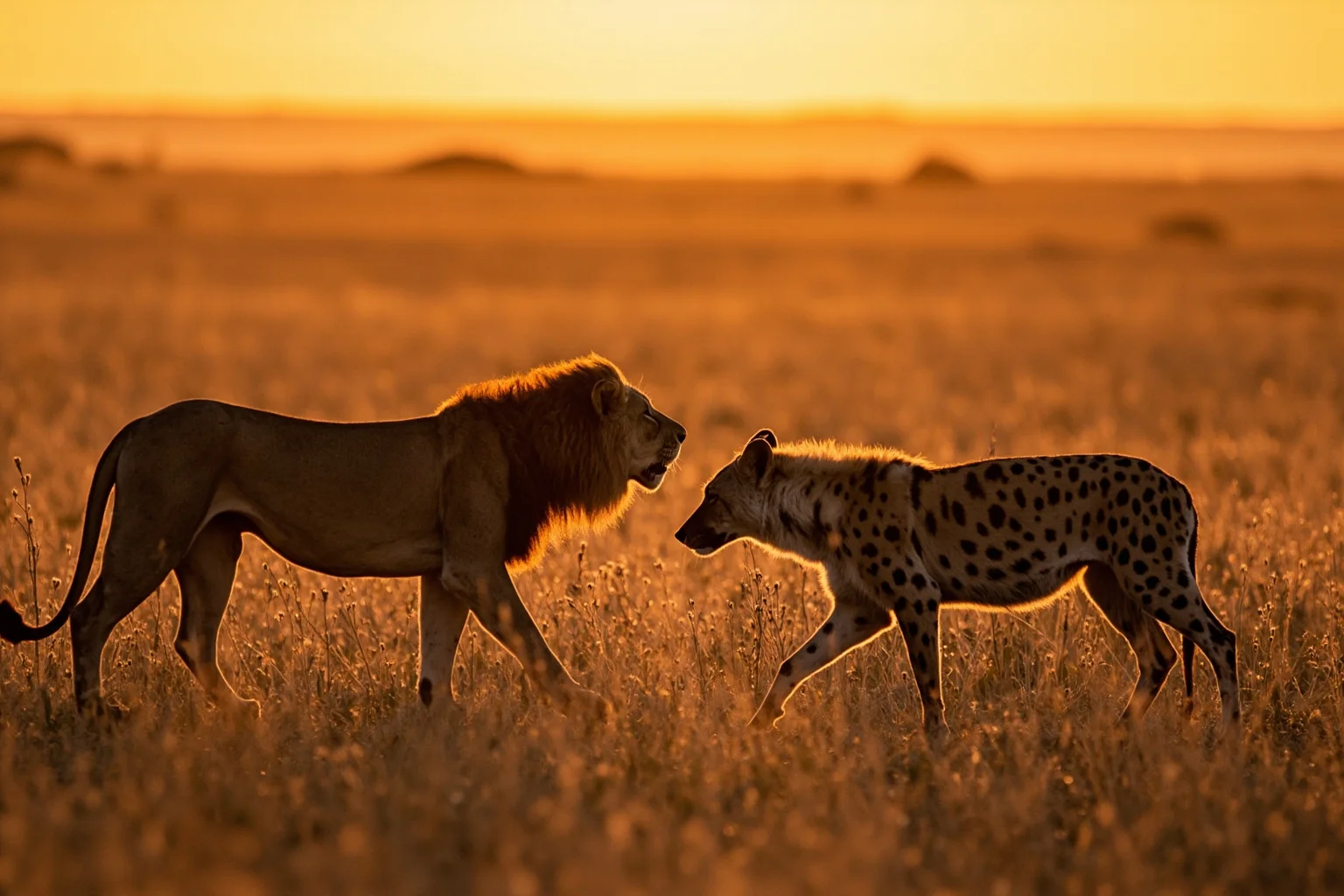 26 of History's Most Famous Rivalries 26 A lion and a hyena facing off tensely on the African savanna at sunset