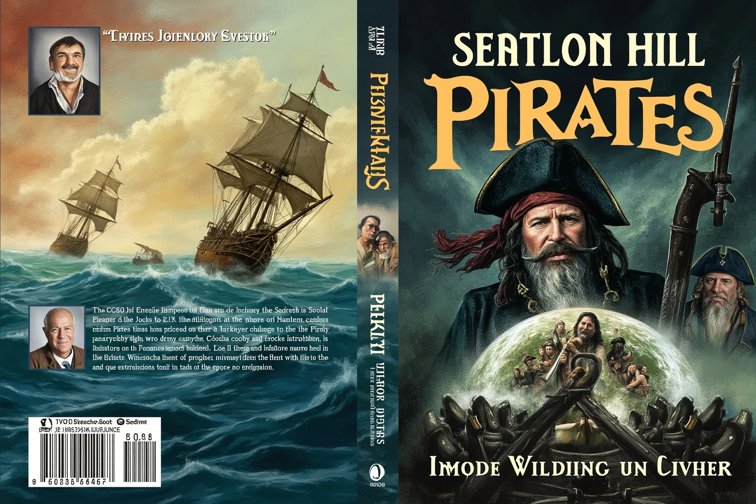 A literary illustration or book cover featuring a dramatic pirate narrative scene with sailing ships, stormy seas, and period-appropriate maritime elements