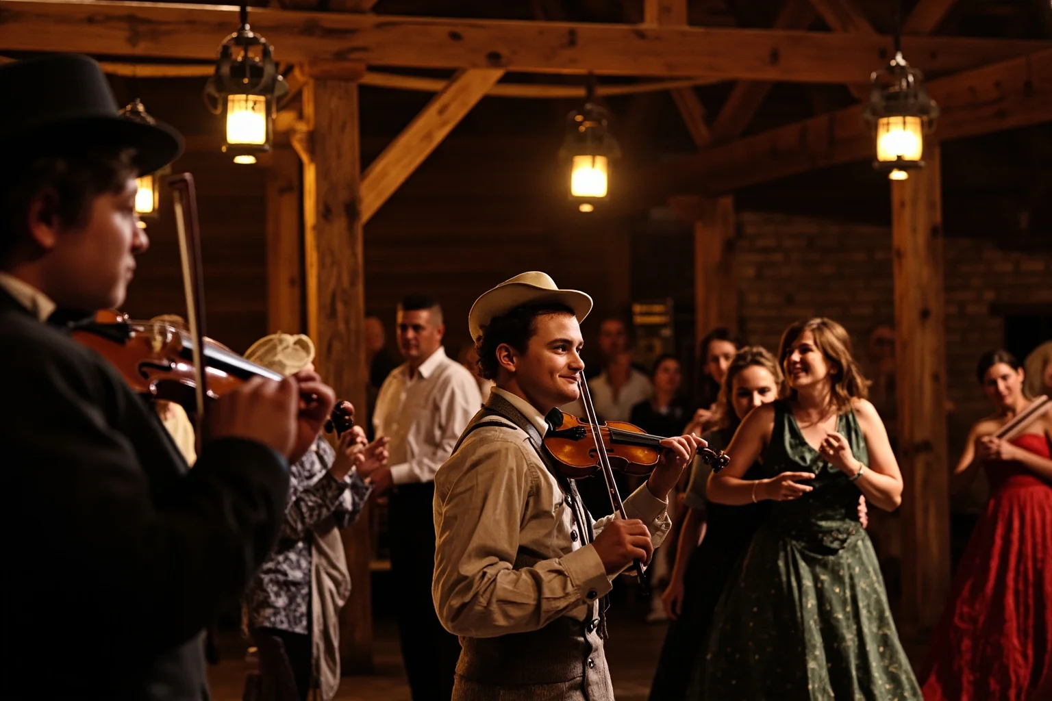 Hilarious Slang Terms From The Wild West 7 A lively barn dance scene with fiddle players and dancing couples, lanterns hanging from wooden beams, Old West setting