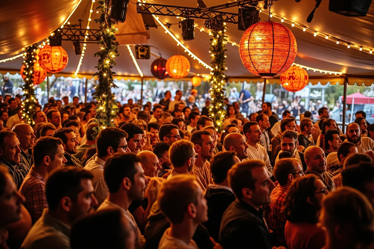 A lively German beer hall tent packed with people during a large autumn folk festival