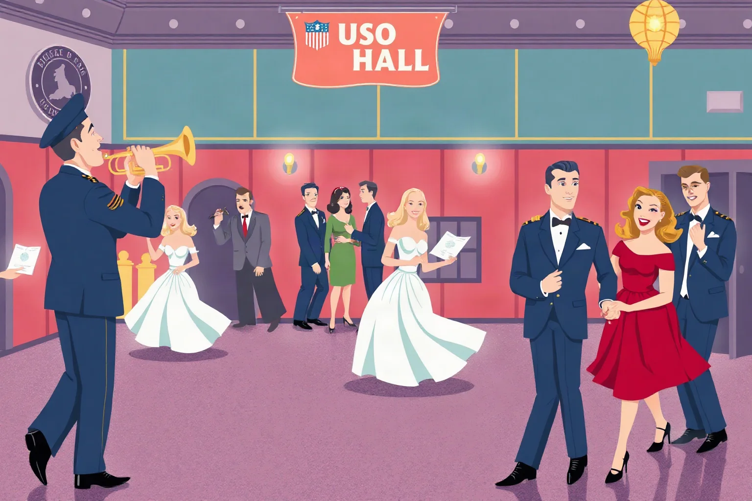 A lively illustrated 1940s swing band scene with a trumpet player and dancing couples in a USO hall