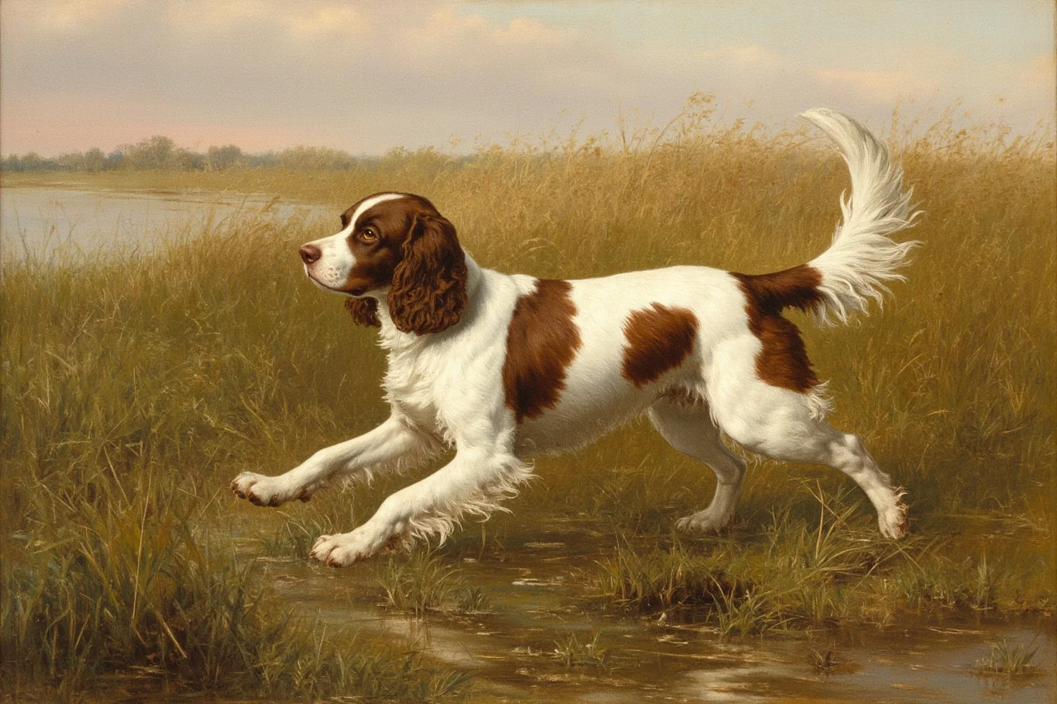 Pooches of the Past: 23 Extinct Dog Breeds and Their Stories 15 A liver-and-white spaniel retrieving in a marshy English field, vintage sporting art style