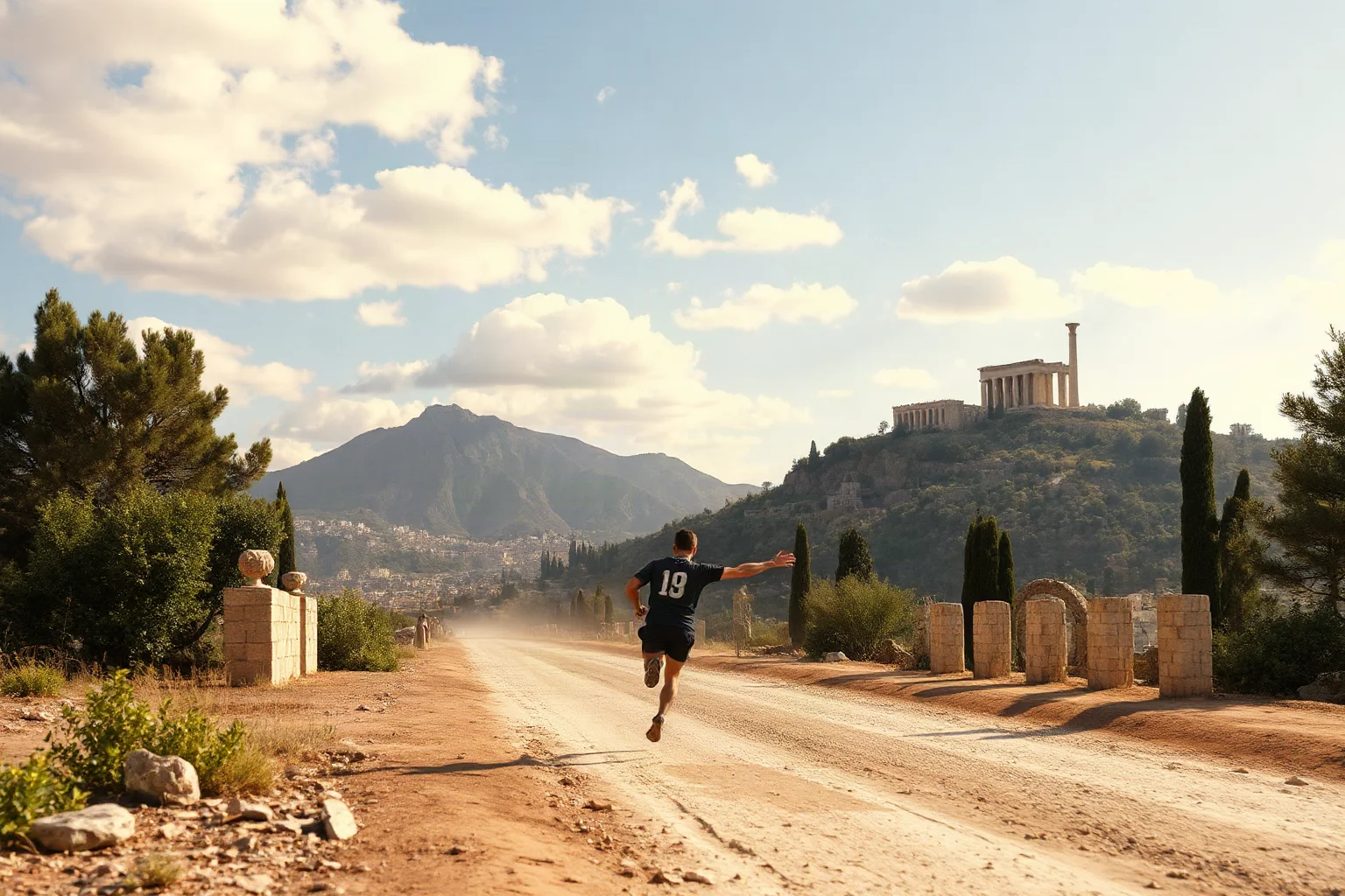 A lone ancient Greek runner sprinting along a dusty road toward a distant hilltop city