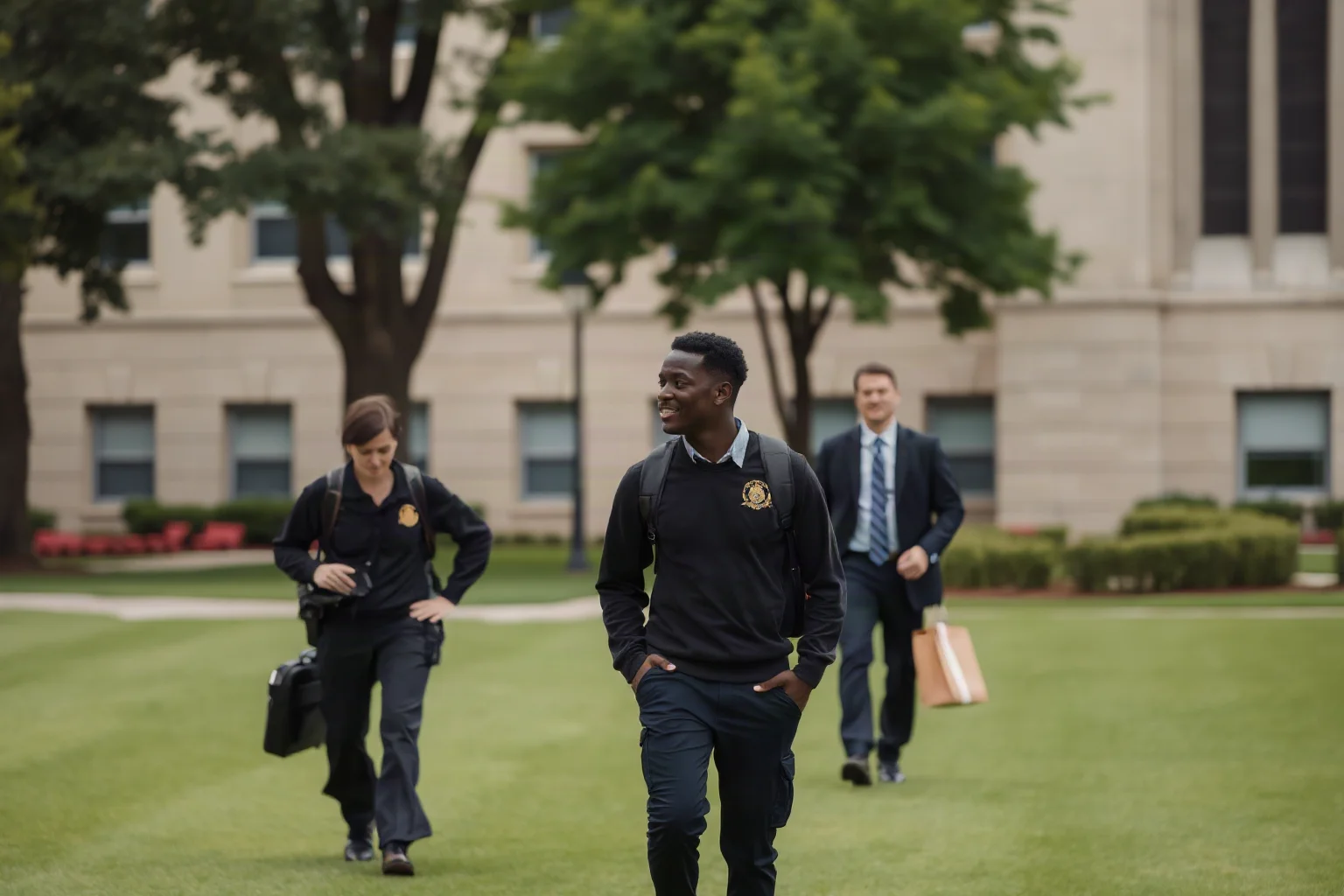 A lone Black male student walking calmly across a large university campus lawn flanked by escorts