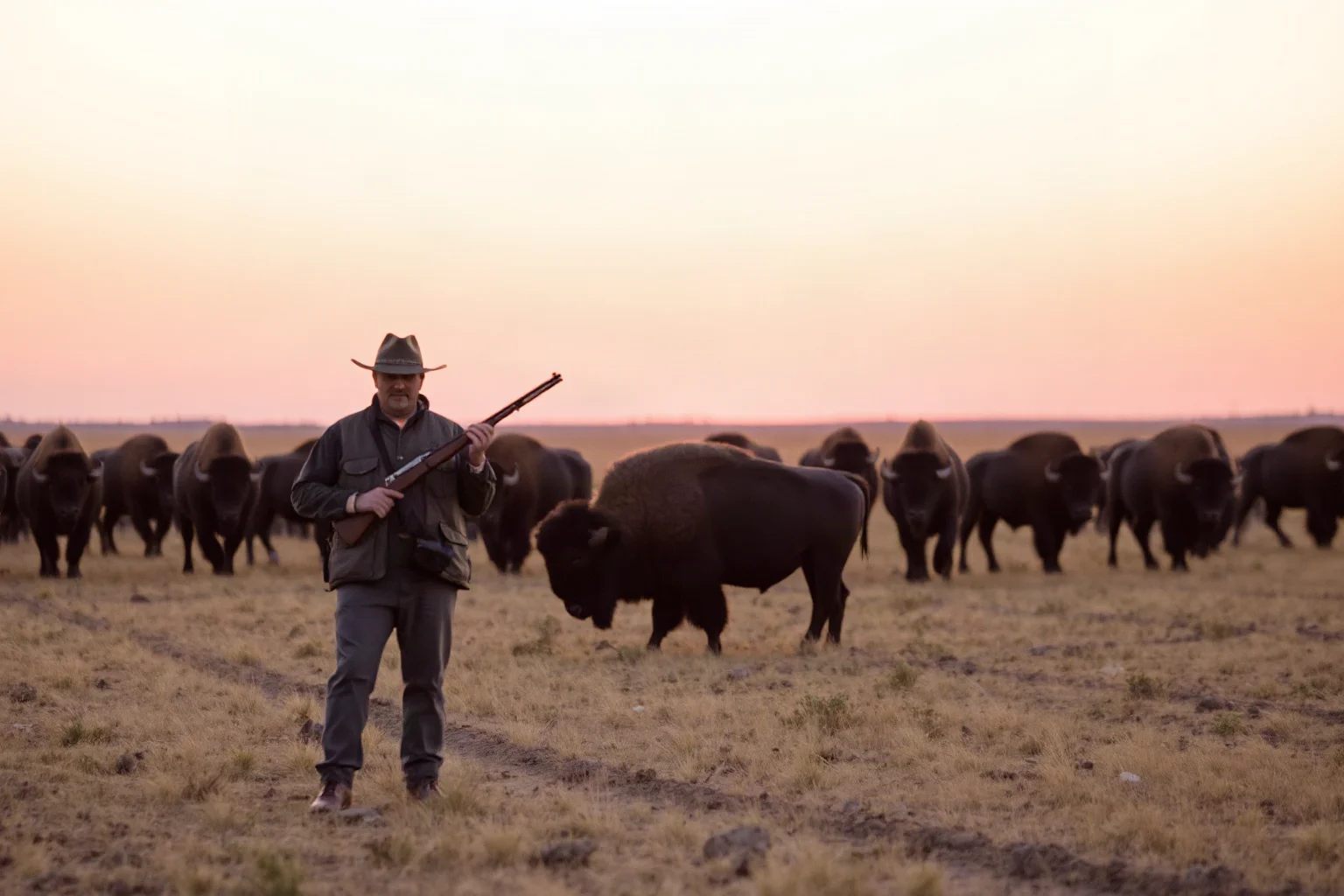 A lone buffalo hunter with a rifle standing near a herd of bison on the great plains at sunset
