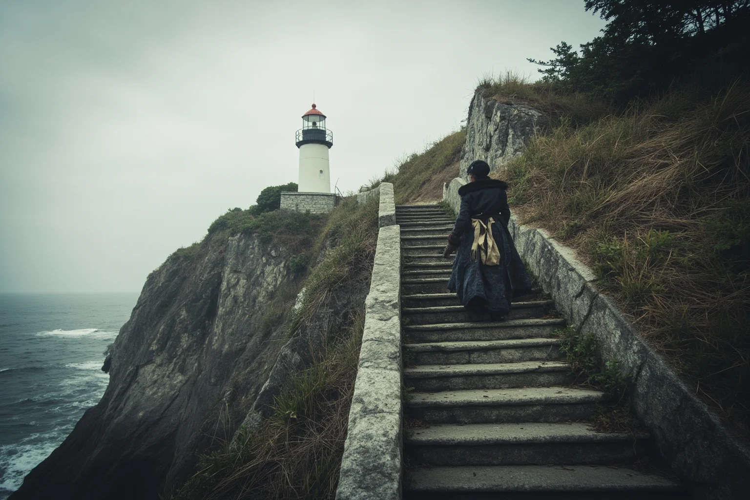A lone figure in period clothing climbing a steep stone stairway toward a cliffside lighthouse