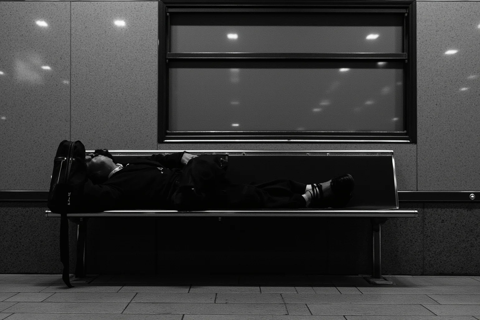 A lone figure sleeping on a public transit station bench with a briefcase, evoking a determined parent facing homelessness