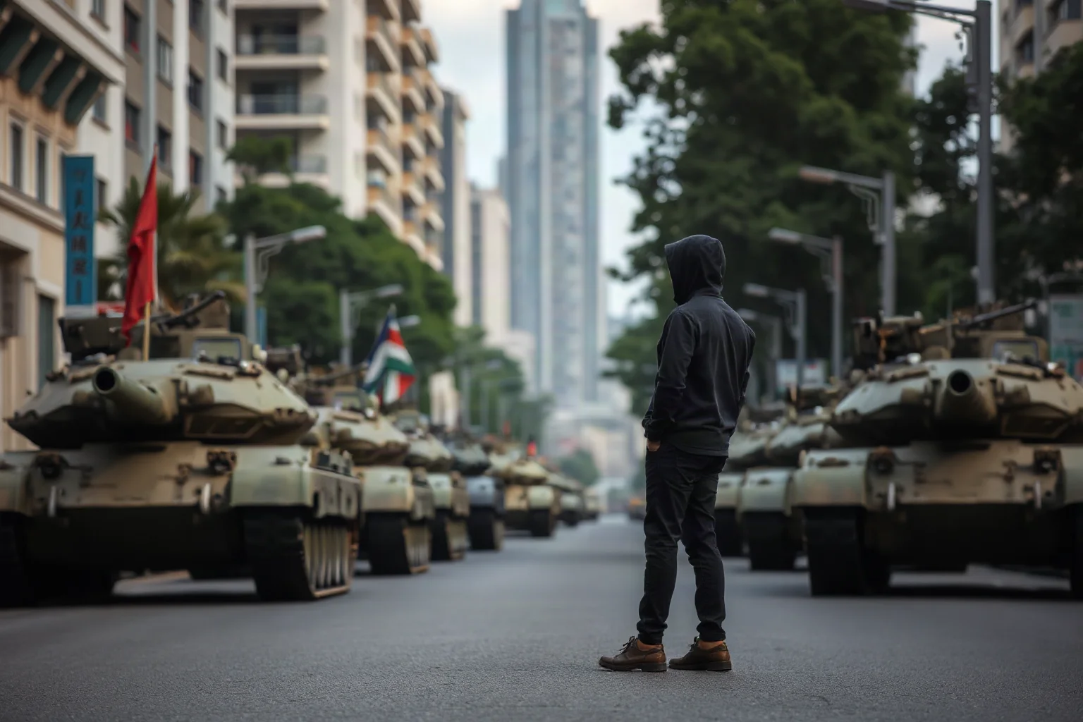 A lone figure standing in front of a line of military tanks on an urban street, unmoving