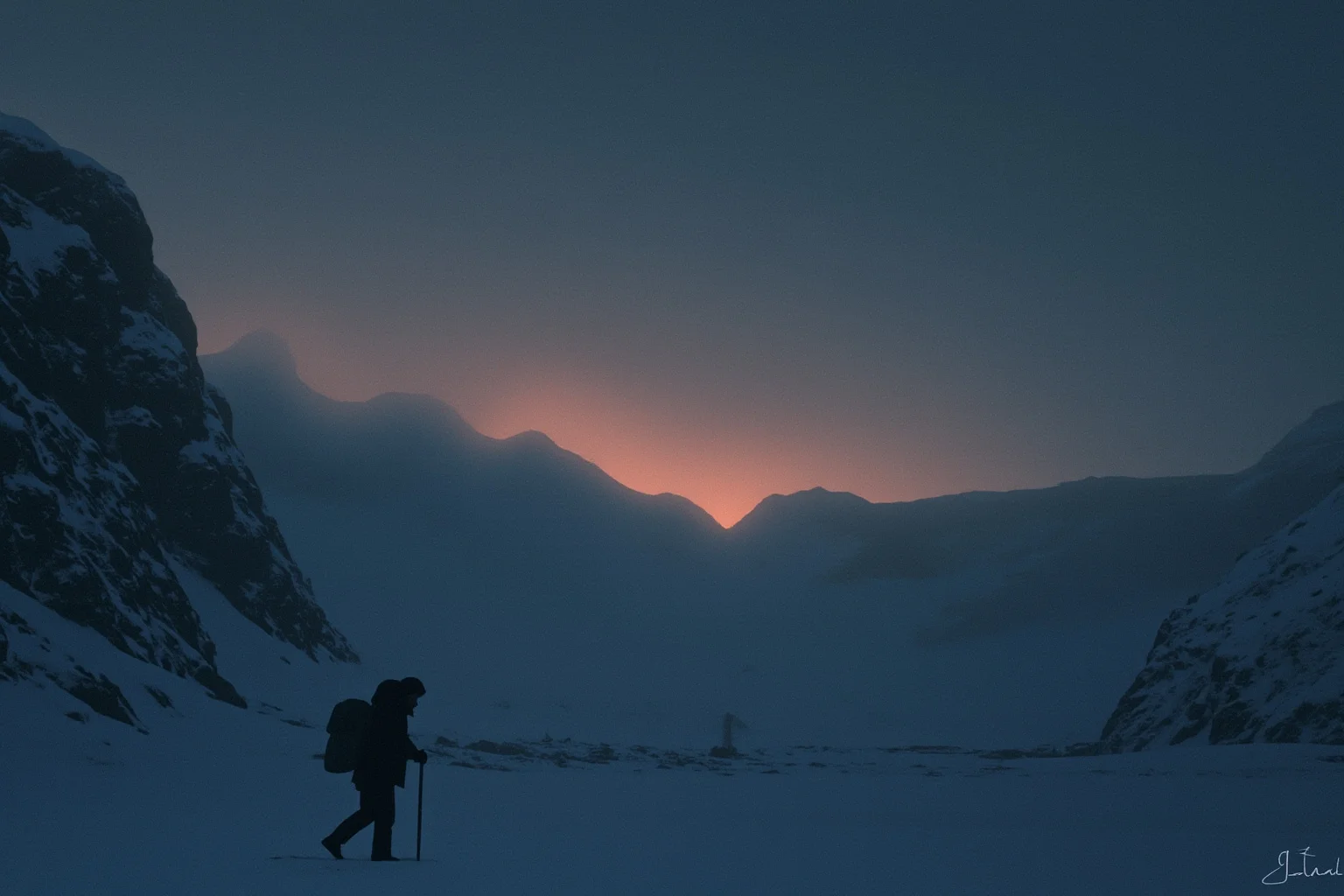 Longest Journeys Ever Undertaken On Foot 8 A lone figure trekking across a snowy mountain pass at dusk with a small pack, moody illustrative art evoking mystery and doubt