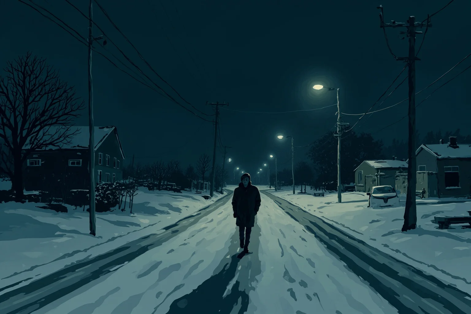 Longest Journeys Ever Undertaken On Foot 17 A lone figure walking briskly along a snowy European road at night, moody minimalist illustration style