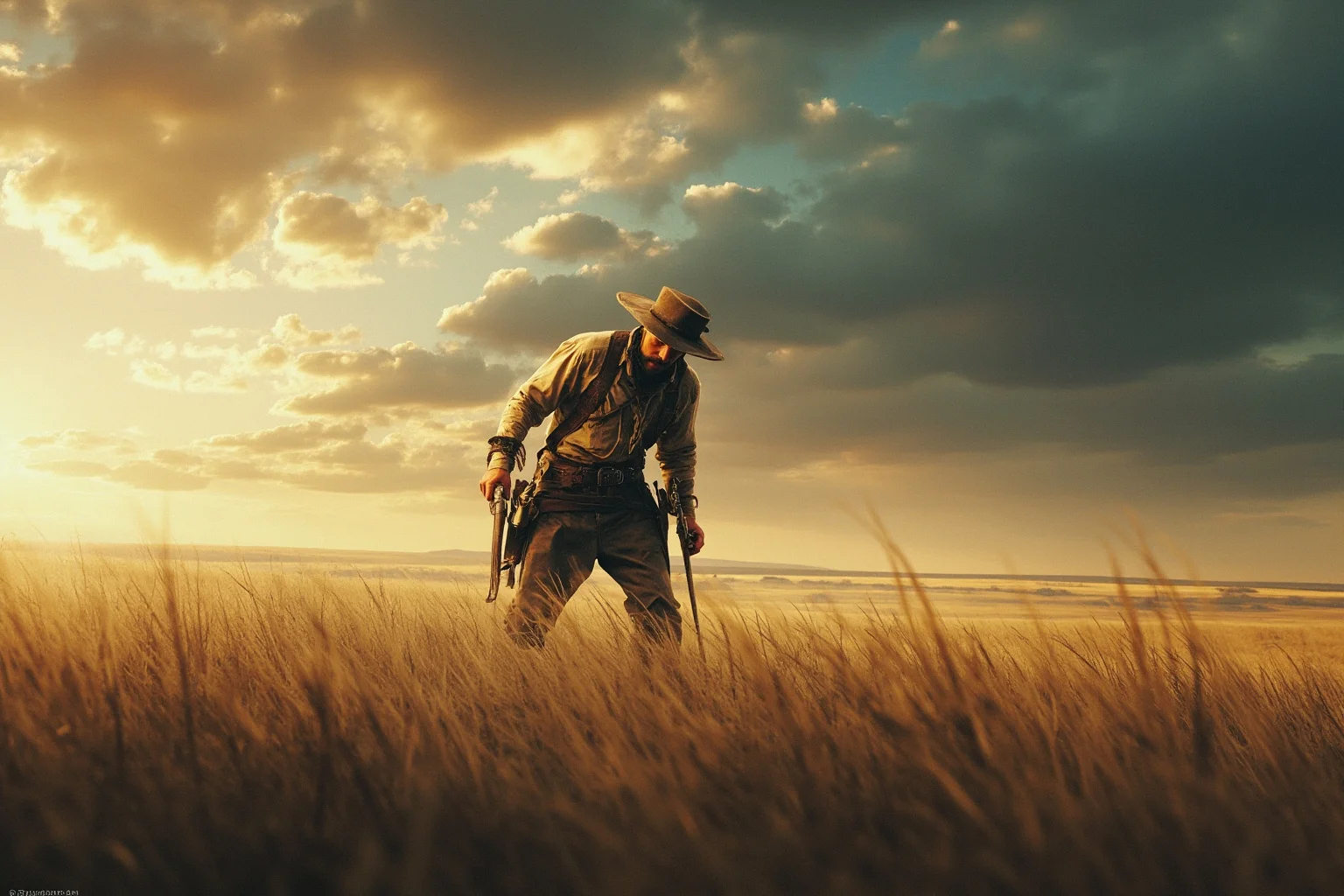 A lone frontiersman in tattered clothing crawling across a windswept prairie under a dramatic sky, painterly style