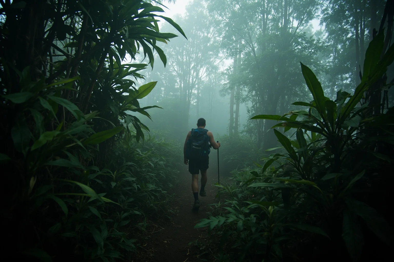 A lone hiker pushing through dense Amazon jungle vines and mist