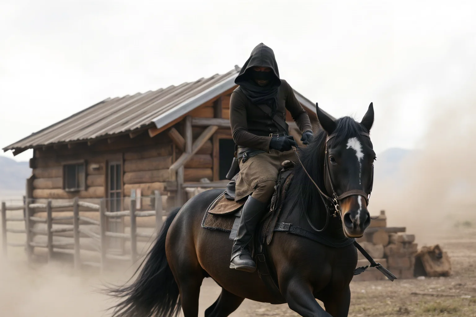 A lone masked rider fleeing on horseback from a small wooden bank building, dust kicked up behind