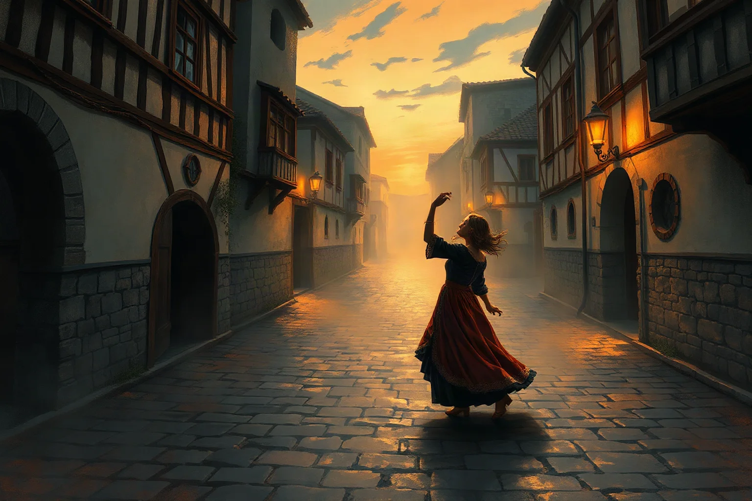 A lone medieval woman dancing alone in an empty cobblestone street at dusk, illustrative historical painting style